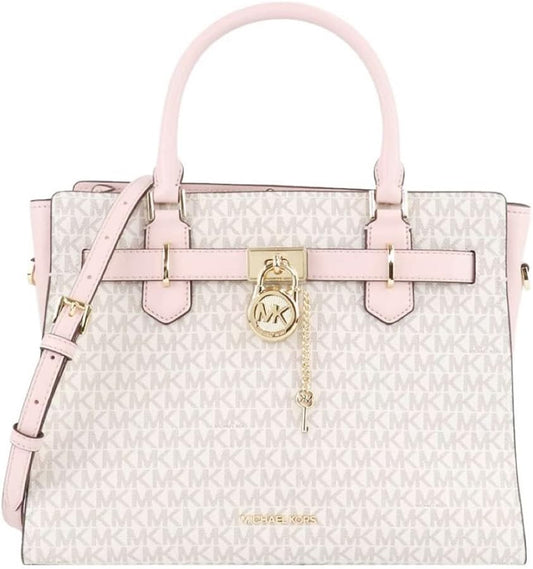 Michael Kors Hamilton Medium Vanilla MK Signature Pink Satchel Crossbody Handbag