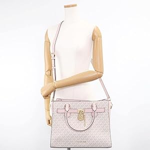 Michael Kors Hamilton Medium Vanilla MK Signature Pink Satchel Crossbody Handbag