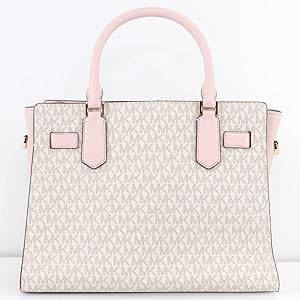 Michael Kors Hamilton Medium Vanilla MK Signature Pink Satchel Crossbody Handbag